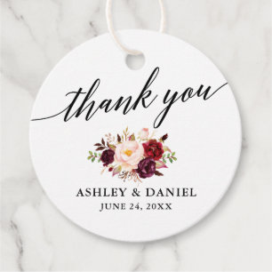 Étiquettes Cadeau Calligraphie Bourgogne Floral Mariage Merci