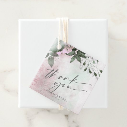 Étiquettes Cadeau Calligraphie Merci floral Mauve ID771 (En situation)