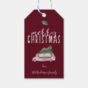 Étiquettes-cadeau Calligraphie Merry Christmas Van & tree holly red