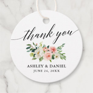Étiquettes Cadeau Calligraphie rose blanc Merci Floral Mariage Rd
