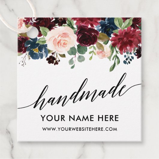 Étiquettes Cadeau Calligraphie Script Burgundy Bleu Floral artisanal (Devant)