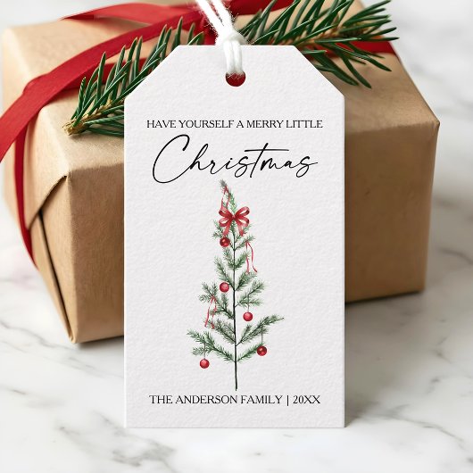 Étiquettes-cadeau Calligraphy Watercolor Christmas Tree Red Bow