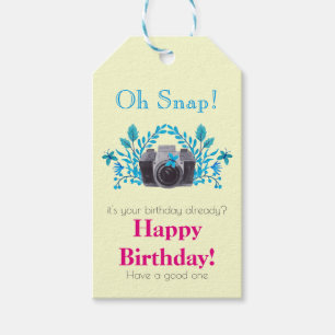 Étiquettes-cadeau Caméra Avec Feuilles Bleus Et Papillons Anniversai