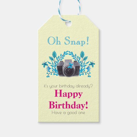 Étiquettes-cadeau Caméra Avec Feuilles Bleus Et Papillons Anniversai (Devant)