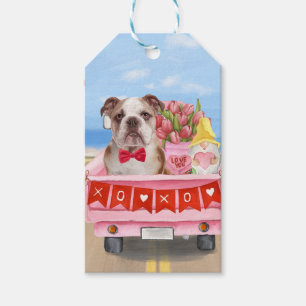 Étiquettes-cadeau Camion de la Saint-Valentin à coeurs avec Bouledog