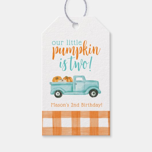 Étiquettes-cadeau Camion de récolte Citrouille orange et turquoise (Devant)
