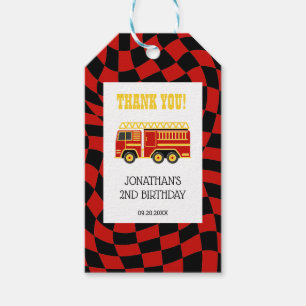 Étiquettes-cadeau Camion d'incendie Rouge noir À damiers 2e annivers