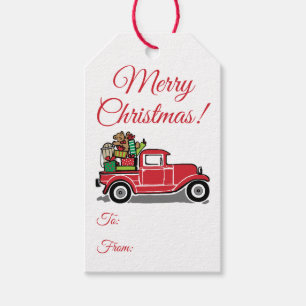 Étiquettes-cadeau Camion vintage rouge avec le Joyeux Noël de jouet
