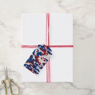 Étiquettes-cadeau Camouflage Rouge, Blanc & Bleu avec Paillettes du
