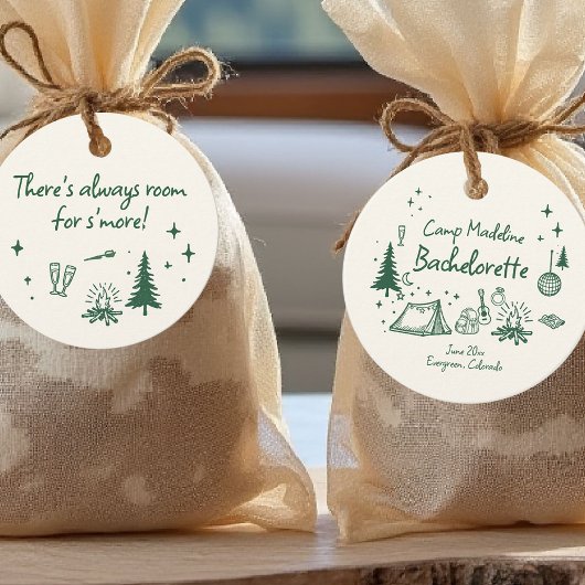 Étiquettes Cadeau Camp Bachelorette Camping Main Drag Écriture verte