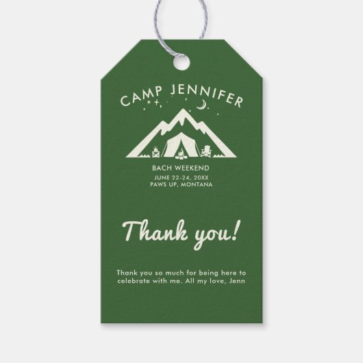 Étiquettes-cadeau Camp Bachelorette Fête Forêt Vert Camping Chic (Devant)