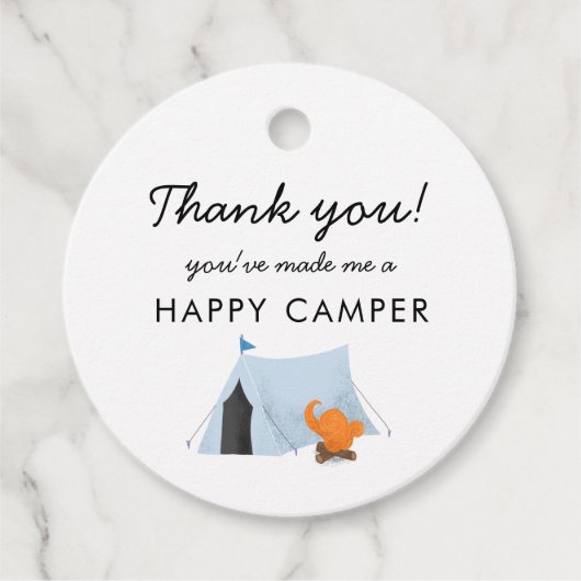 Étiquettes Cadeau Camping Anniversaire Fête Bleue Tente Happy Camper (Devant)
