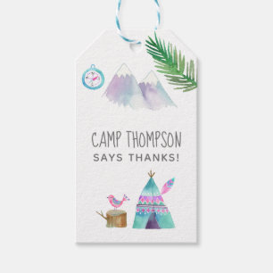 Étiquettes-cadeau Camping Anniversaire Fête de coloriage à l'aquarel