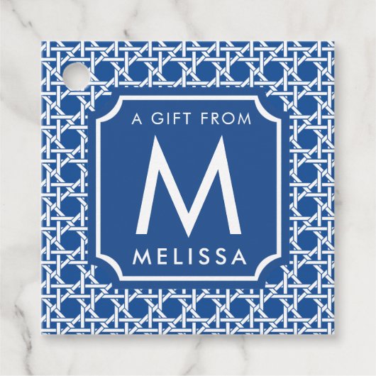 Étiquettes Cadeau Canne bleue et blanche | Rattan | Monogramme (Devant)
