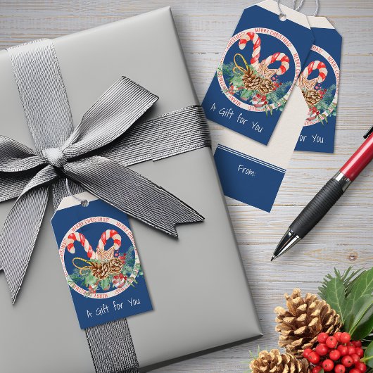 Étiquettes-cadeau Canne de Noël Bleue