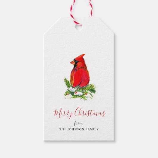 Étiquettes-cadeau Cardinal sur branche de pin aquarelle peinte (Devant)