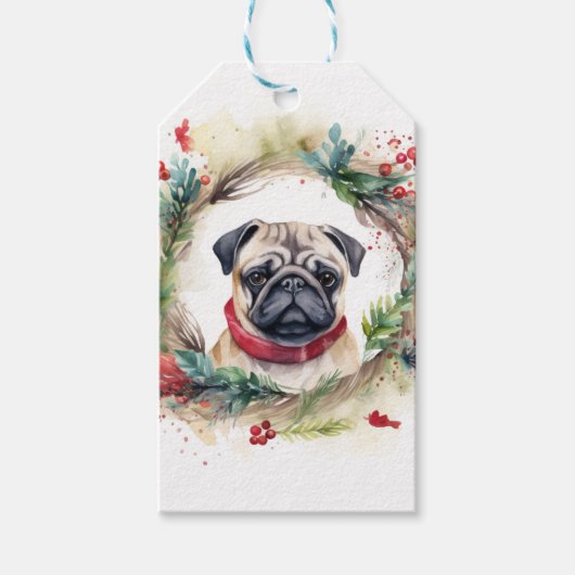Étiquettes-cadeau Carlin Noël Wreath Festive Pup (Devant)