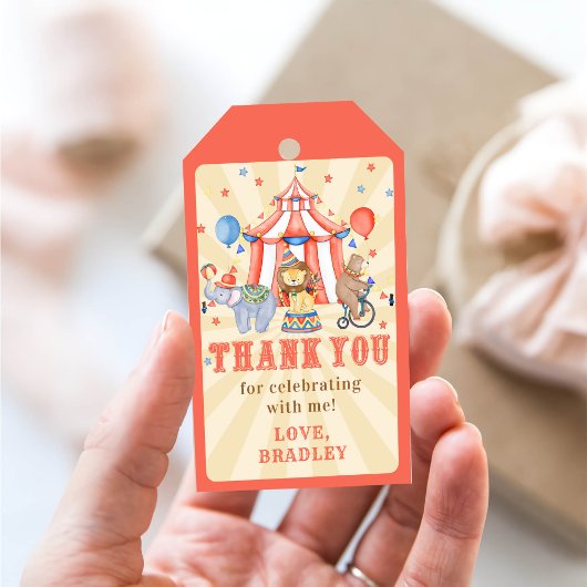 Étiquettes-cadeau Carnaval Cirque & Animaux Anniversaire Merci