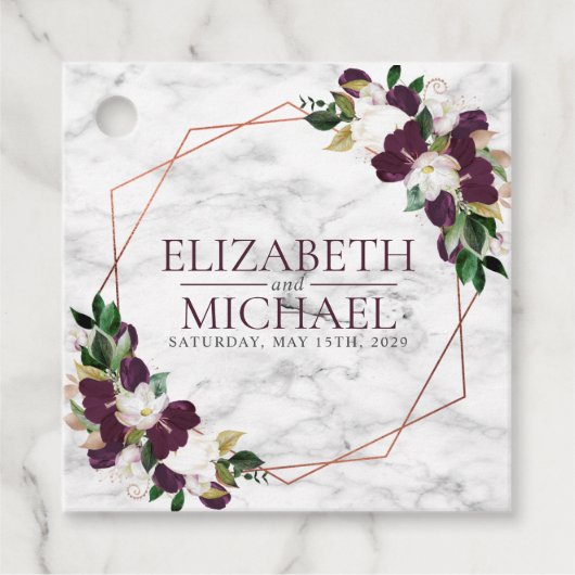 Étiquettes Cadeau Carré Burgundy Cuivre Mariage de marbre géométriqu (Devant)