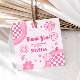Étiquettes Cadeau Carré de fête d'anniversaire rose Retro Super