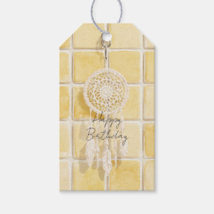 Étiquettes-cadeau Carré Jaune Citron Attrape-Rêves Crème Anniversair