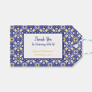 Étiquettes-cadeau Carreaux méditerranéens Mariage Motif bleu et jaun