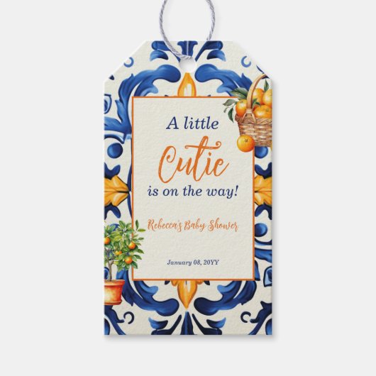 Étiquettes-cadeau Carrelage bleu italien Cutie Orange Citrus Baby sh (Devant)