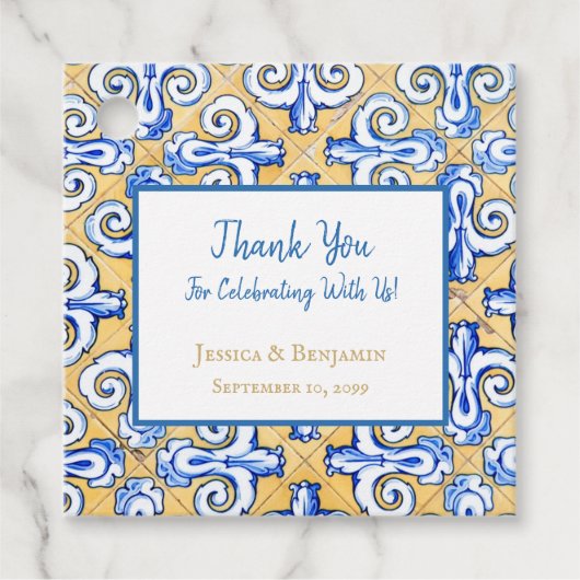 Étiquettes Cadeau Carrelage espagnol customisé Azulejo Bleu, Jaune, (Devant)