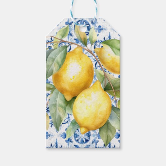 Étiquettes-cadeau Carrelage et citrons d'aquarelle italien bleu et b (Devant)