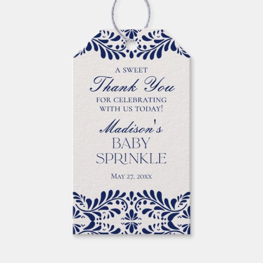 Étiquettes-cadeau Carrelage Talavera bleu Fiesta Baby Sprinkle Favor (Devant)