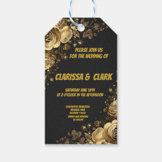 Étiquettes-cadeau Carte de mariage décorée de fleurs dorées sur un f