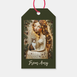 Étiquettes-cadeau Carte de Noël Fantaisiste Chat de Noël et Jeune Fi