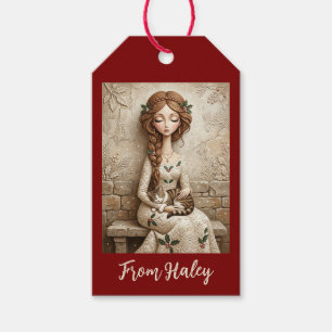 Étiquettes-cadeau Carte de Noël Fantaisiste Chat et Dame d'Hiver