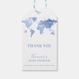 Étiquettes-cadeau Carte du monde bleue pour voyage aventure Baby Sho