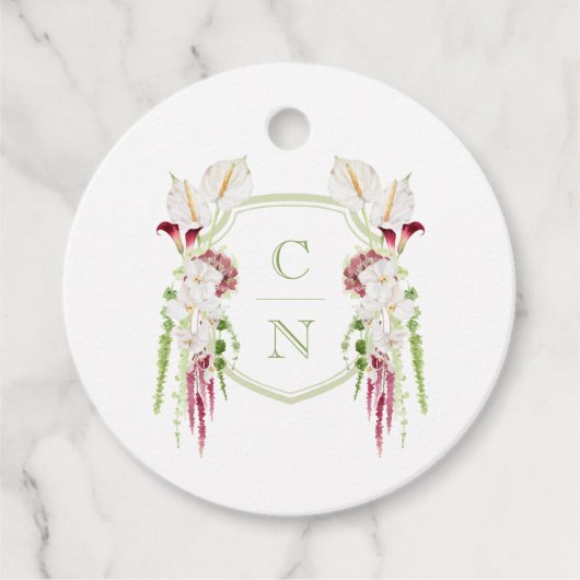 Étiquettes Cadeau Cascading Floral Monogram Crest Wedding (Devant)