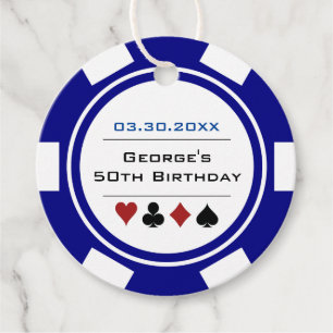 Étiquettes Cadeau Casino Poker Chip dans Marine Bleu et Blanc Annive