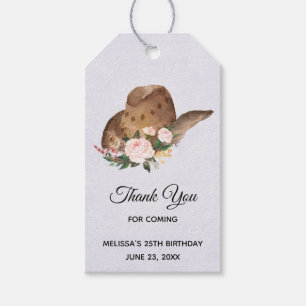 Étiquettes-cadeau Casquette Brown Cowgirl aux fleurs roses Anniversa