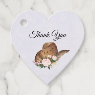 Étiquettes Cadeau Casquette Brown Cowgirl avec Merci de fleurs roses