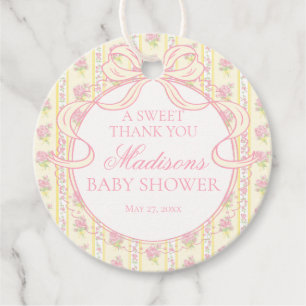 Étiquettes Cadeau Cercle de Baby Shower Floral Fancy Vintage Jaune