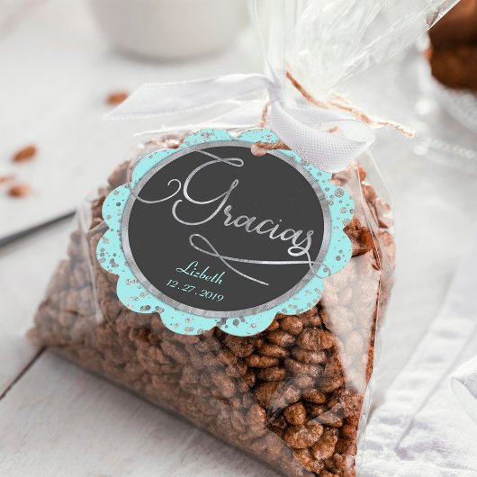 Étiquettes Cadeau Cercle Gracias Bébé bleu Argent Confetti Cadeau