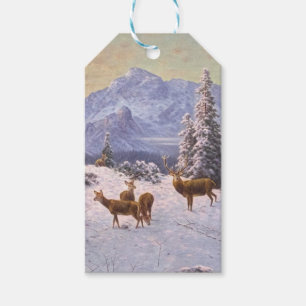 Étiquettes-cadeau Cerf avec troupeau en hiver, hiver