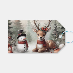 Étiquettes-cadeau Cerf de Noël/bonhomme de neige en bois classique