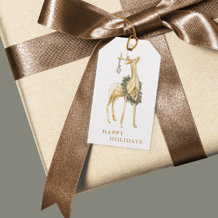 Étiquettes-cadeau Cerf d'or simple avec couronne et ornement