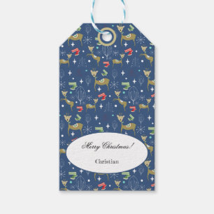 Étiquettes-cadeau Cerf mignon aux arbres de Noël et flocons de neige