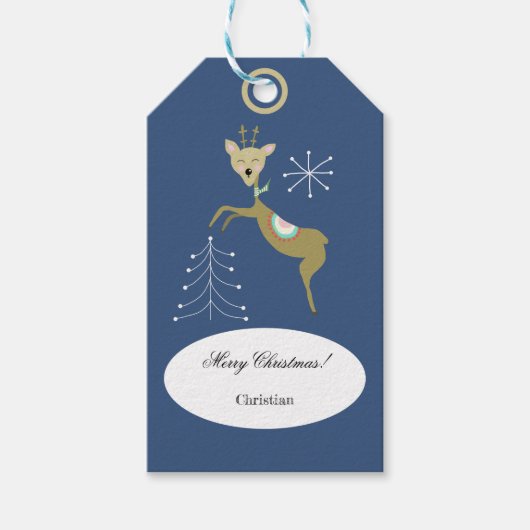 Étiquettes-cadeau Cerf mignon aux arbres de Noël et flocons de neige (Devant)
