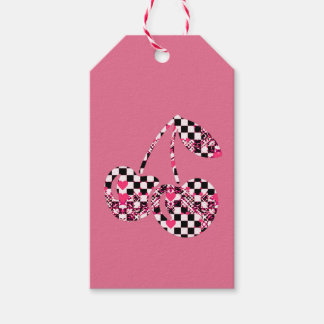 Étiquettes-cadeau Cerises à motif damier et cœurs roses