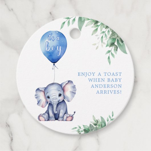 Étiquettes Cadeau C'est un Baby shower bleu éléphant garçon (Devant)