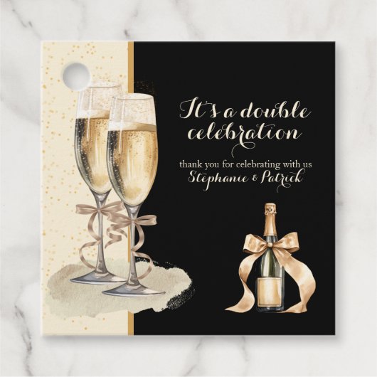 Étiquettes Cadeau C'est une double fête de Champagne d'or (Devant)