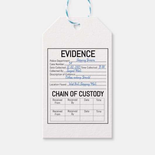 Étiquettes-cadeau Chaîne de preuves chaîne de détention crime jeu de (Devant)