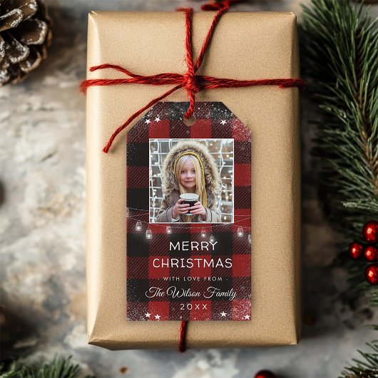 Étiquettes-cadeau Chaîne rustique éclaire la neige Flake Rouge Plaid